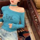 Long-sleeve Cutout Butterfly Print Slim-fit Top