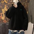 Letter Embroidered Faux Shearling Oversize Hoodie