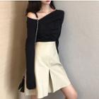 Asymmetric V-neck Top / Faux Leather A-line Skirt