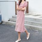 Gingham Puff-sleeve Square-neck Midi Sheath Dress