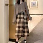 V-neck Sweater / Plaid A-line Midi Skirt