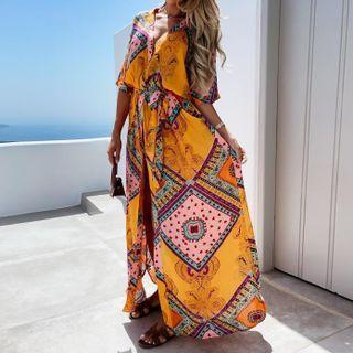 Elbow-sleeve Print Slit Maxi Dress