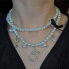 Numerical Rhinestone Layered Faux Pearl Necklace White - One Size