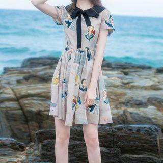 Printed Collared Short-sleeve A-line Dress