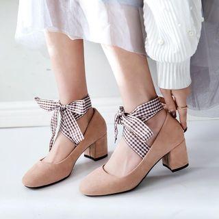 Plaid Ribbon Faux Suede Block Heel Pumps
