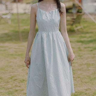 Set: Spaghetti-strap Plaid Midi A-line Dress + Jacket