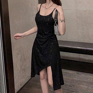 Asymmetric Spaghetti Strap Glitter A-line Dress
