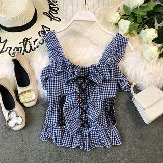 Ruffle-detail Lace-up Check Sleeveless Top