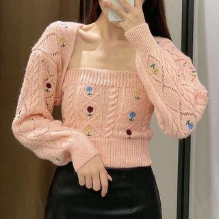Puff-sleeve Cropped Cardigan / Tube Top