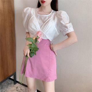Plain Puff-sleeve Blouse / High Waist A-line Skirt