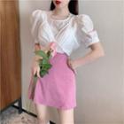 Plain Puff-sleeve Blouse / High Waist A-line Skirt