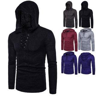 Long-sleeve Hooded Lace-up Knit Top