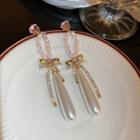 Bow Rhinestone Faux Pearl Drop Earring 1 Pair - Stud Earrings - Pink & Gold - One Size