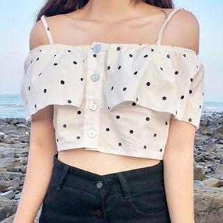 Short-sleeve Off-shoulder Dotted Cropped Top