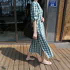 Plus Size Pocket-side Gingham-check Long Dress