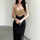 Spaghetti-strap Two-tone Slit Sheath Dress