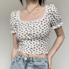 Puff-sleeve Floral Print Lace Trim T-shirt