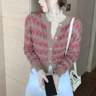 Floral Print Cardigan / Mock-neck Long-sleeve Lace Top