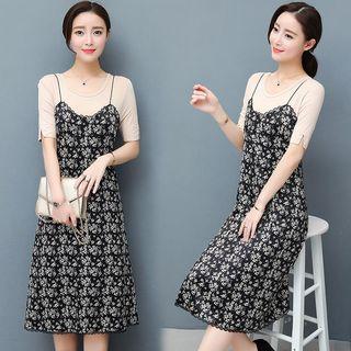 Set: Short-sleeve Top + Spaghetti Strap Dress