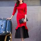 Long-sleeve Sheer Panel A-line Midi Cocktail Dress