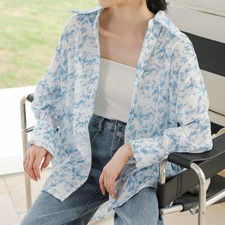Long-sleeve Print Tie-strap Shirt White & Blue - One Size