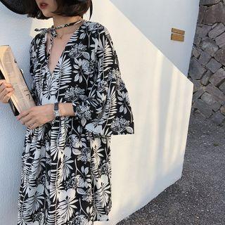 Flower Print Flared-sleeve Mini Shift Dress