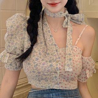 Asymmetrical Cold-shoulder Floral Panel Cropped Blouse