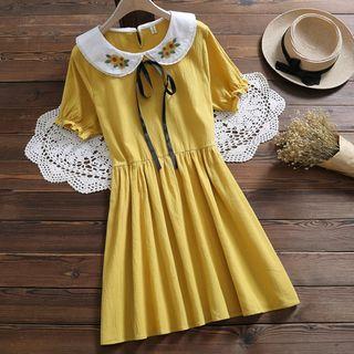 Short-sleeve Flower Embroidered A-line Dress