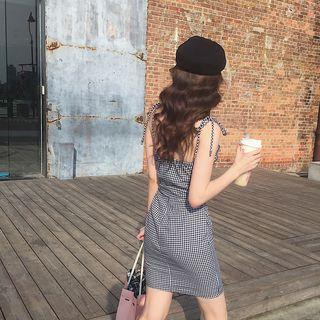 Plaid Tie Waist Spaghetti Strap Dress