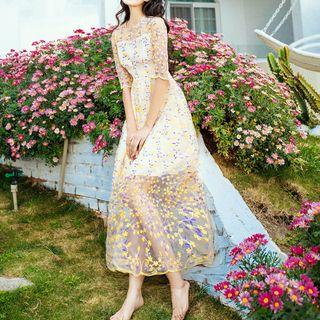 Elbow-sleeve Floral Sheer A-line Midi Dress
