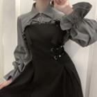 Sleeveless Grommet Mini Dress / Ruffle Trim Crop Shirt