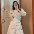 Puff-sleeve Heart Printed Maxi Dress