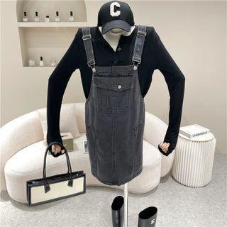 Set: Long-sleeve T-shirt + Denim Mini Overall Dress Set - Top - Black & Dress - Black - One Size