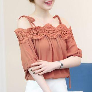 Off-shoulder Lace Trim Chiffon Top