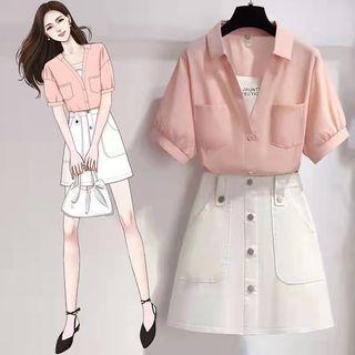 Set: Mock Two-piece Blouse + Mini A-line Skirt