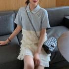 Two-tone Fringed Trim Short-sleeve Collared Dress