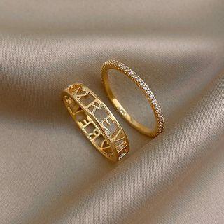 Set: Lettering / Rhinestone Ring Set - Gold - One Size