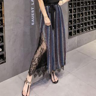 Lace Panel Print Wide-leg Chiffon Pants