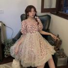 Puff-sleeve Square-neck Mesh Floral Print Dress Dress - One Size