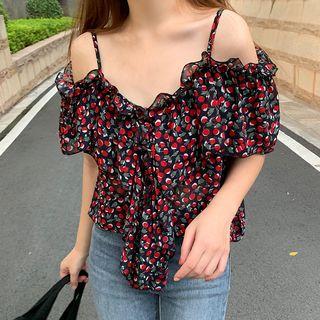 Short-sleeve Spaghetti-strap Ruffled Cherry Printed Blouse
