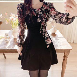 Ruffled Tie-neck Floral-panel Minidress