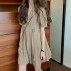 Short Sleeve V-neck Pleated A-line Dress