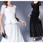 Set: Lace Short-sleeve Top + Lace Maxi A-line Skirt