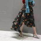 Asymmetric-hem Floral-pattern Midi Flare Skirt