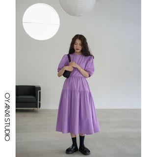 Plain Puff-sleeve Tiered Midi A-line Dress