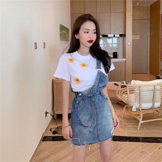 Short-sleeve Floral Print T-shirt / Mini Denim Pinafore Dress