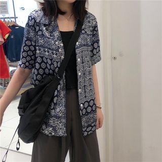 Short-sleeve Pattern Shirt Navy Blue - One Size