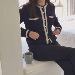 Ringer Rib-knit Cardigan Navy Blue - One Size