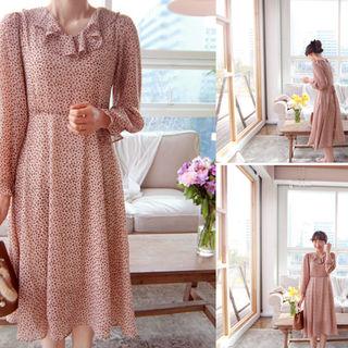 Ruffle-trim Floral Print Chiffon Dress Beige - One Size