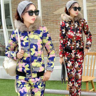 Set: Camo Hooded Padded Jacket + Padded Pants